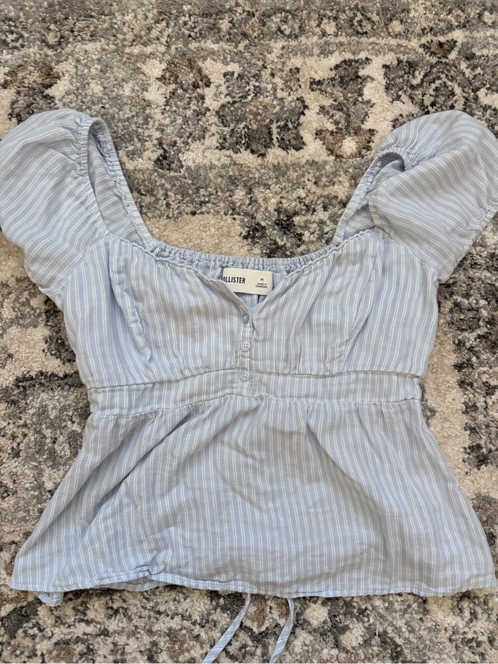 Hollister Pale Blue Striped Puff Sleeve Peplum Top